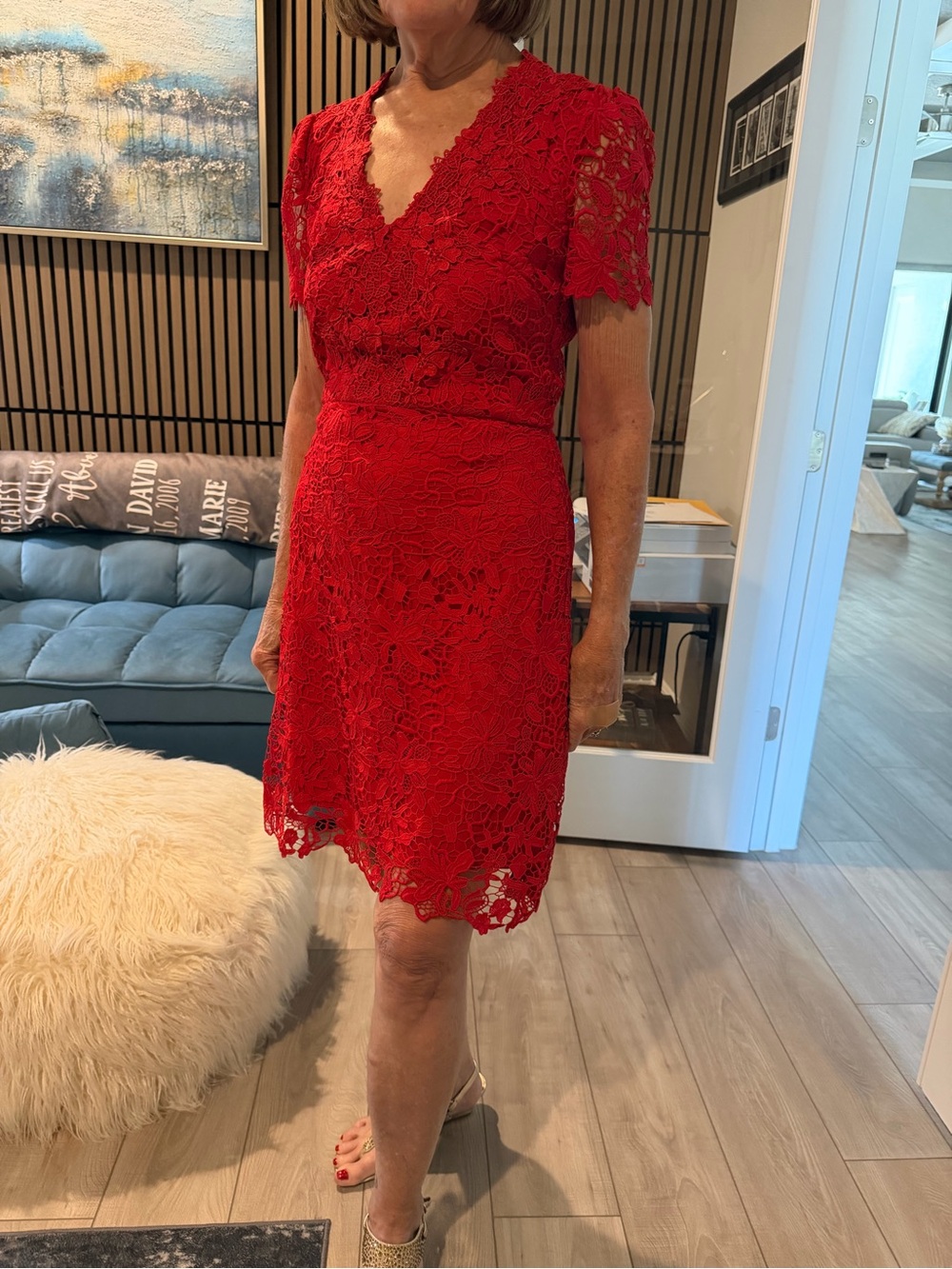 White House Black Market Red Lace V-Neck Midi Dress
